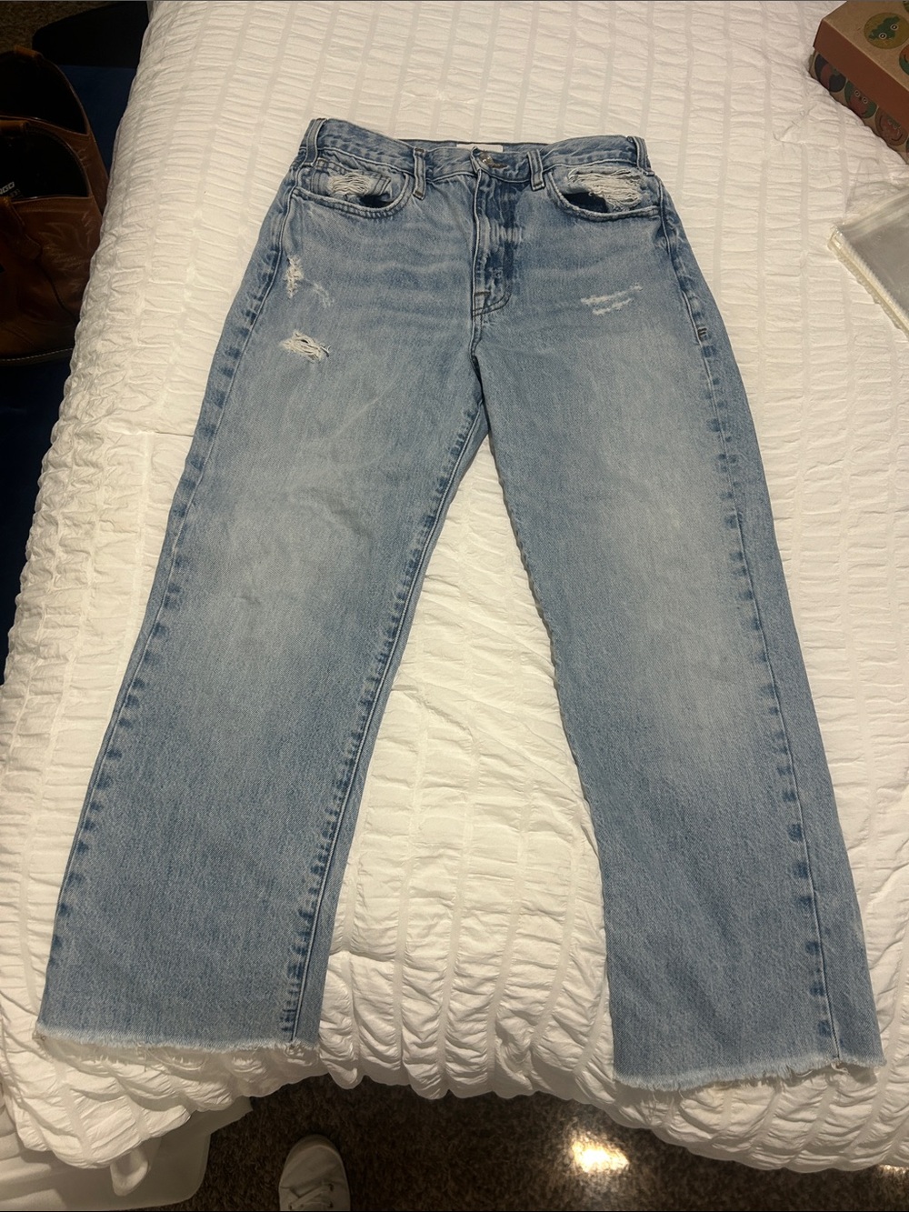 Frame Denim Light Blue Straight Leg Jeans with Subtle Distressing